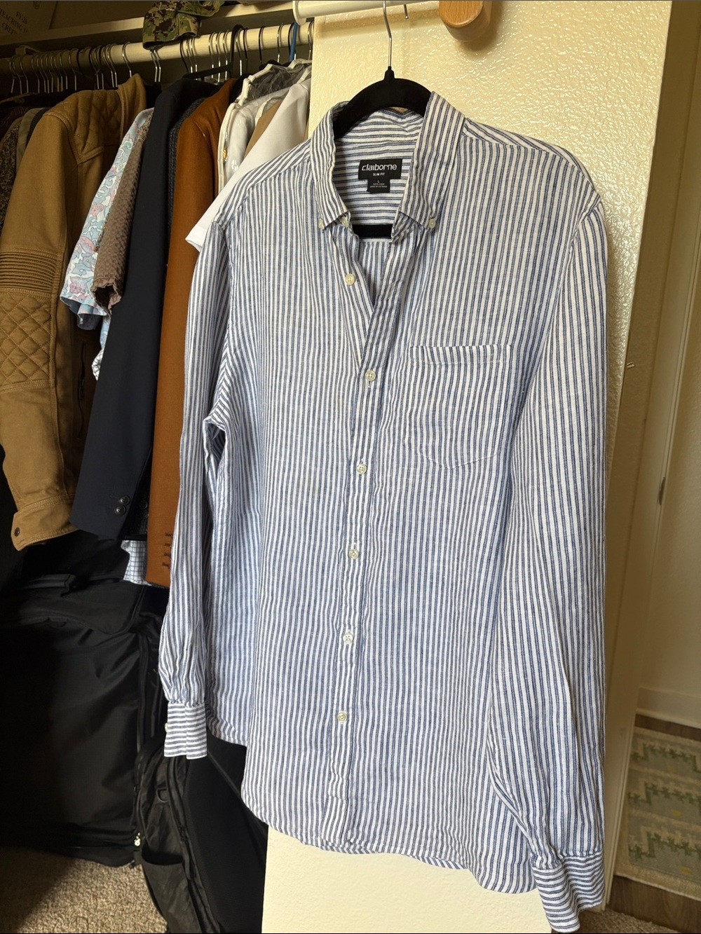 Claiborne Men's Blue and White Striped Button-Down Shirt